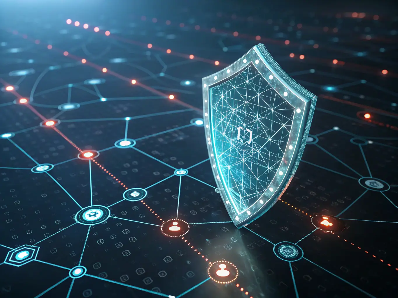 An image of a digital shield overlaying a network grid, symbolizing Inproem's cybersecurity protection and advanced tools.