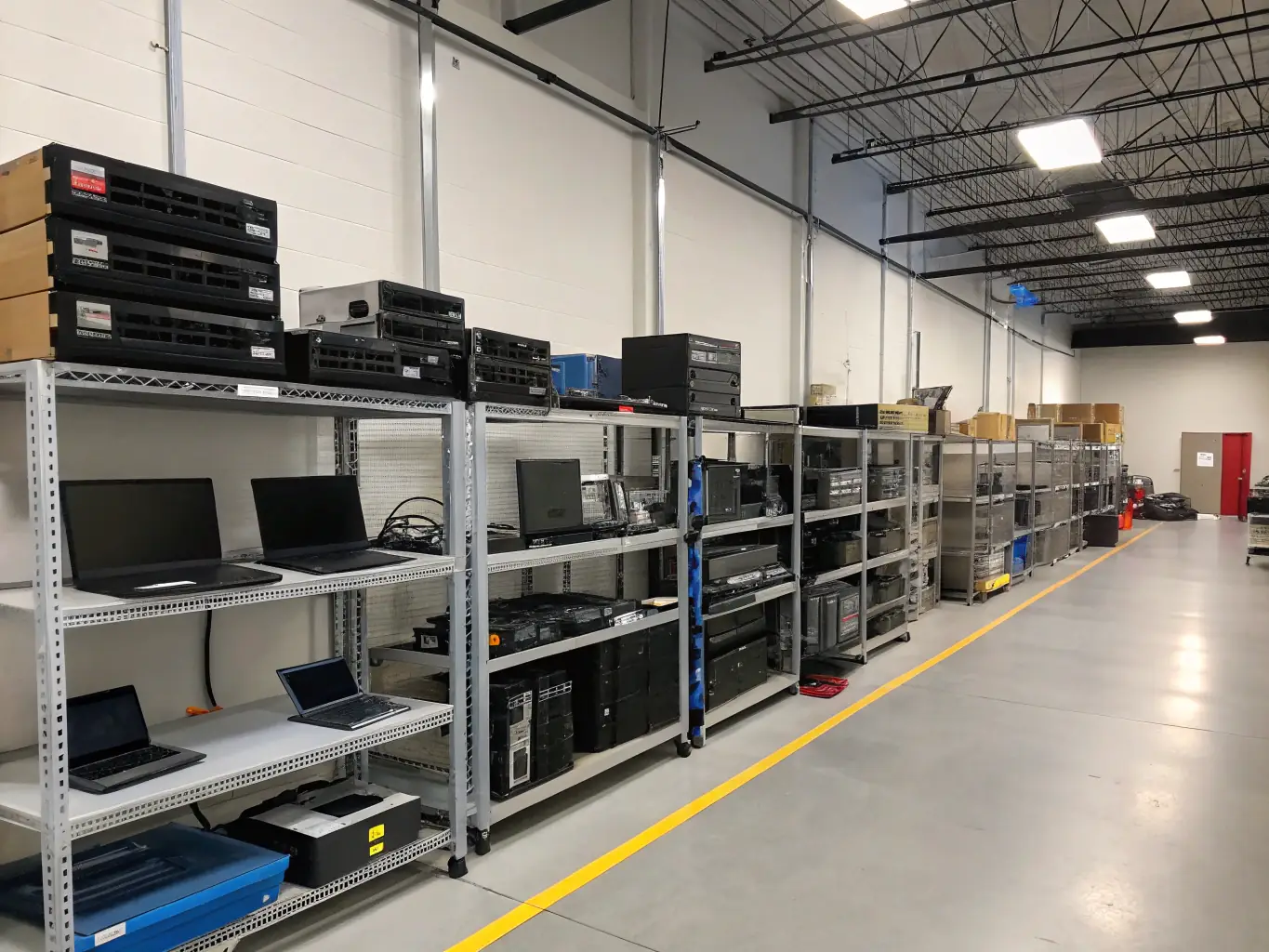A warehouse filled with racks of servers, networking equipment, and software boxes ready for shipment, representing Inproem's wholesale technology distribution capabilities.