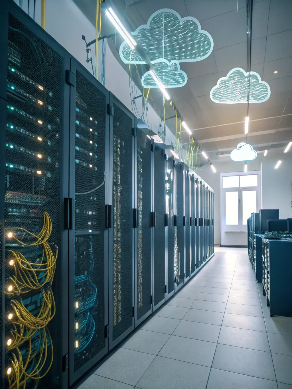 A well-lit warehouse interior filled with pallets of various computer hardware components, such as servers, routers, and network switches, ready for distribution.