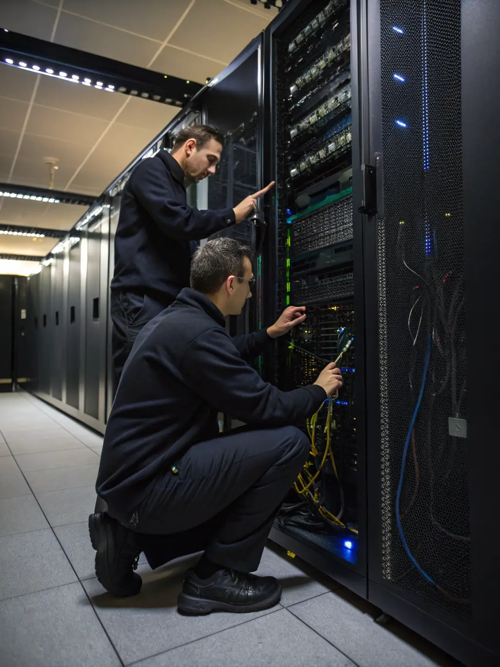 IT professionals working on servers and network equipment in a modern data center, representing Inproem's IT services and support.