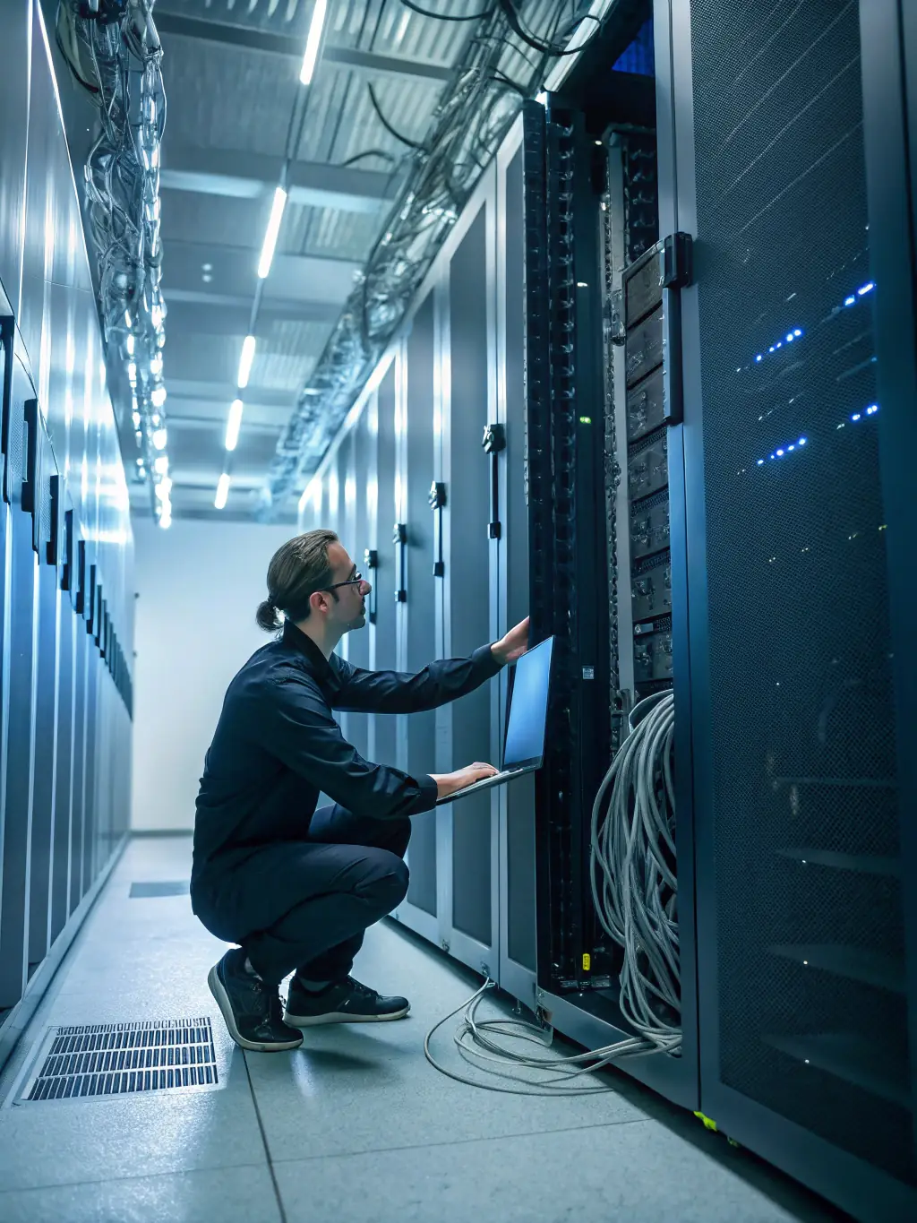 A technician working on a server rack in a data center, surrounded by cables and diagnostic equipment, ensuring optimal performance.