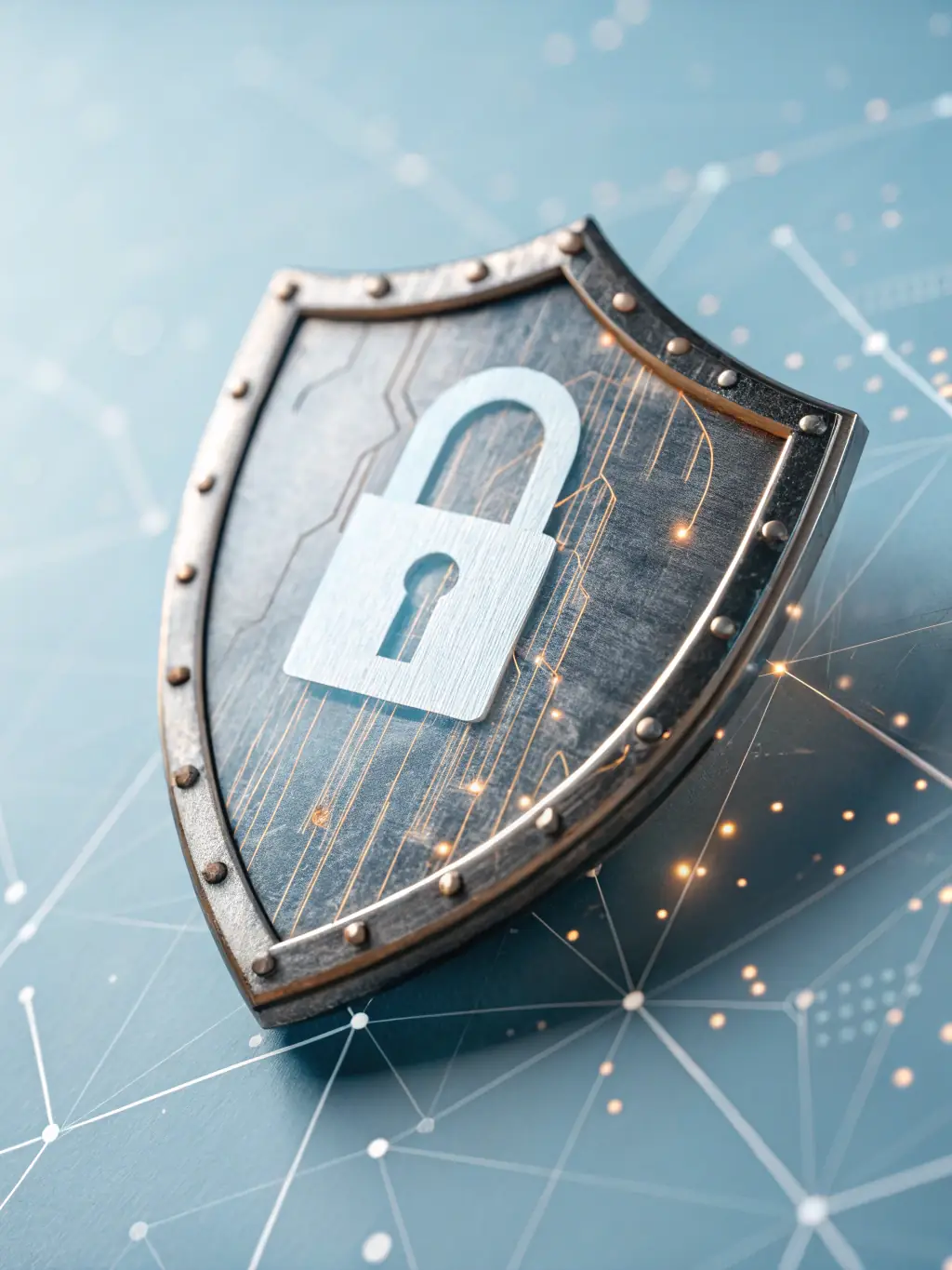 An image of a digital shield overlaying a network grid, symbolizing Inproem's cybersecurity protection services.
