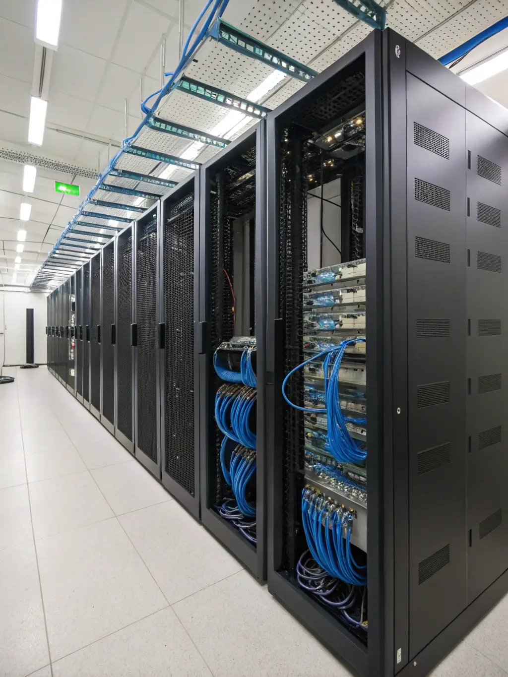 A warehouse filled with racks of servers, networking equipment, and software boxes ready for shipment, representing Inproem's wholesale technology distribution services.